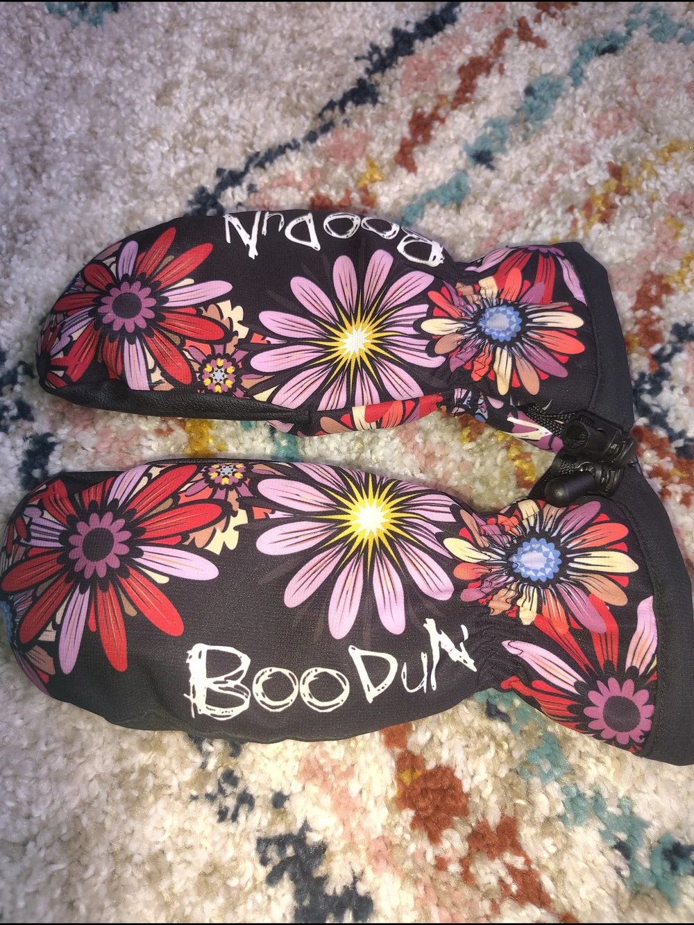 BooDun Floral Snow Mittens  - Black with Pink & Red Flowers
